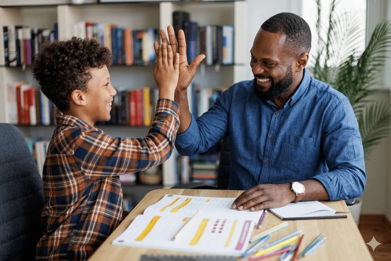 Father and son learning together
