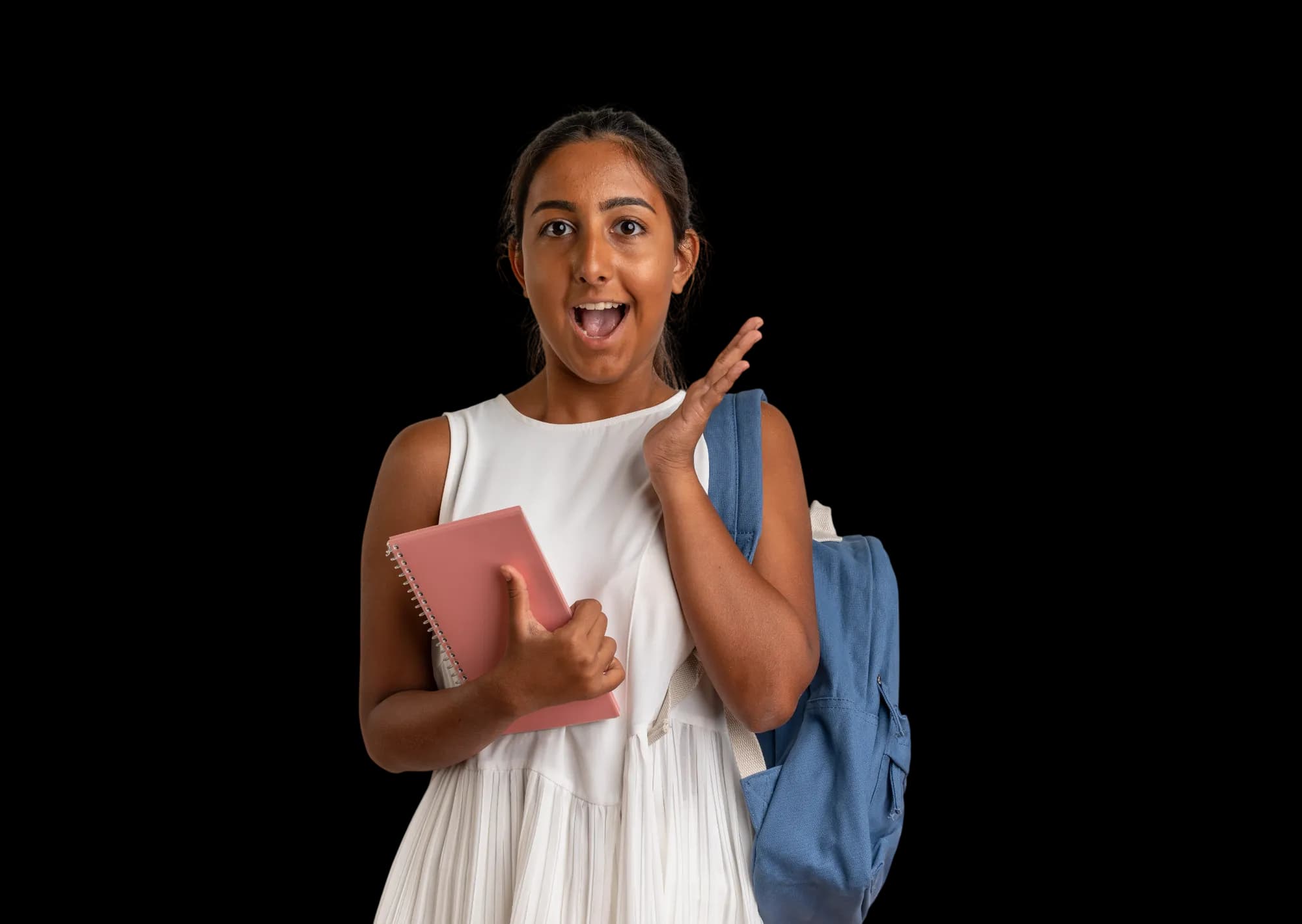 Smiling student holding a notebook and backpack